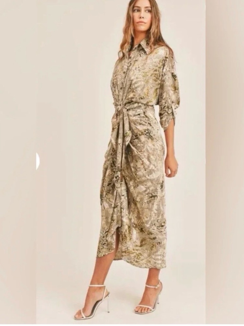Mable Satin Snake Print Midi Dress Size Small Neutral Tie-Waist Shirt Dress - Picture 2 of 6